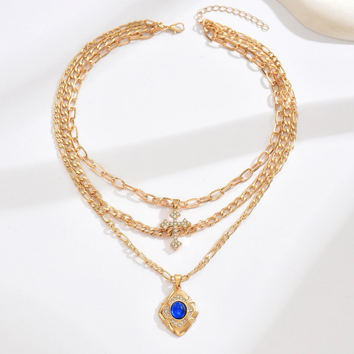 New European and American personality niche blue gemstone square pendant necklace retro multi-layer cross collarbone chain accessories
New European and American personality niche blue gemstone square pendant necklace retro multi-layer cross collarbone chain accessories