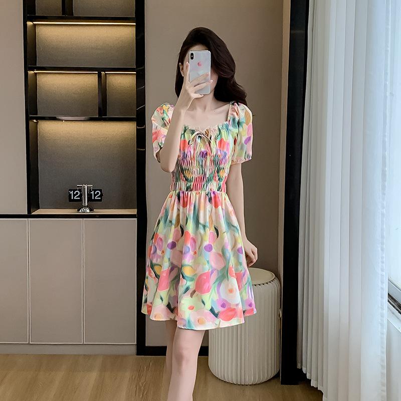 Маленькое французское чайное платье: Летняя живопись маслом, стиль с коротким рукавом Medium