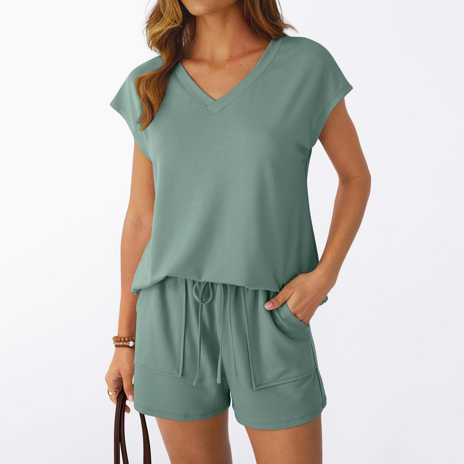 Women V Neck Short Sleeve Top and Shorts Set Casual Two Piece Outfit with Drawstring Waist and Pockets for Daily Wear XL синий
Women V Neck Short Sleeve Top and Shorts Set Casual Two Piece Outfit with Drawstring Waist and Pockets for Daily Wear XL синий