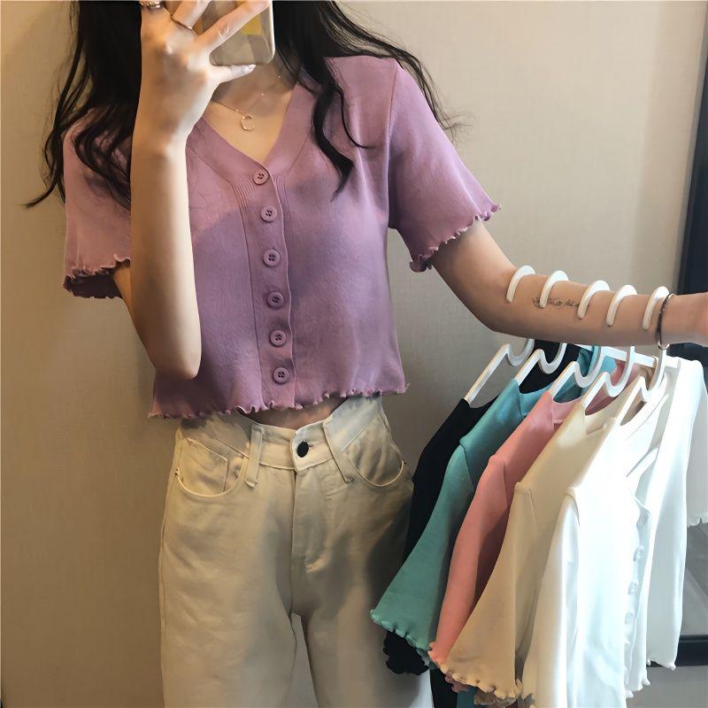 Knitted Cardigan for Female Summer Students Purple French V-neck Black Fungus Edge Short Sleeved Top Trendy L
Knitted Cardigan for Female Summer Students Purple French V-neck Black Fungus Edge Short Sleeved Top Trendy L