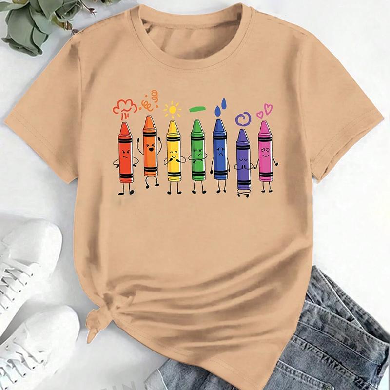 Модна жіноча футболка з милим мультяшним принтом із кольоровими олівцями, смішна повсякденна футболка з круглим вирізом і короткими рукавами, літня жіноча футболка S бежевий
Модна жіноча футболка з милим мультяшним принтом із кольоровими олівцями, смішна повсякденна футболка з круглим вирізом і короткими рукавами, літня жіноча футболка S бежевий