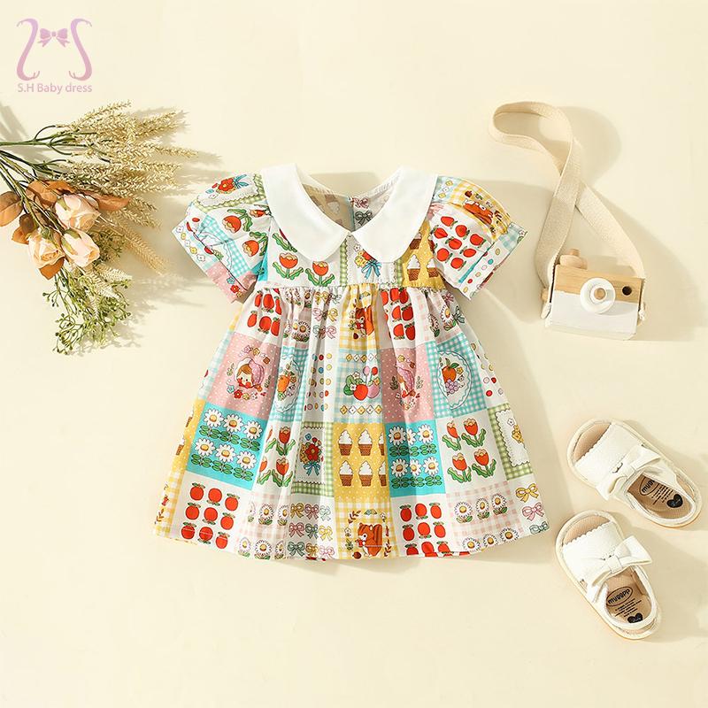 Платья с короткими рукавами для маленьких девочек с героями мультфильмов, тонкие милые летние детские костюмы с лацканами, детская одежда с цветочным узором для малышей от 0 до 3 лет