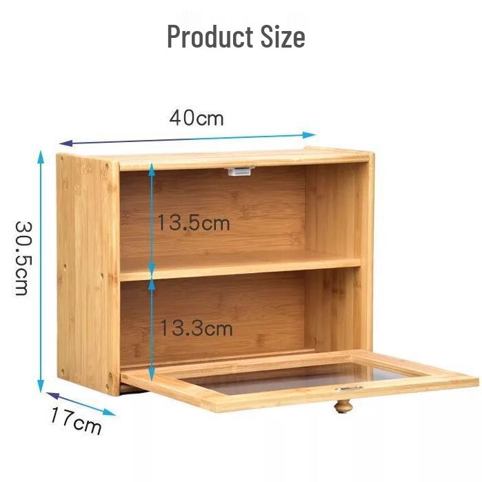 Двоярусна бамбукова кухонна хлібниця зі скляною панеллю.
Двоярусна бамбукова кухонна хлібниця зі скляною панеллю.