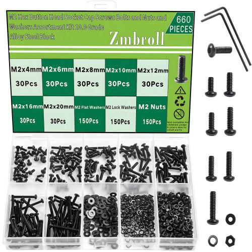 Zmbroll 660pcs M2 Button Head Hex Socket Cap Screws, Fully Threaded Metric Machine Screws, M2x4/6/8/10/12/16/20mm, Mini Screws, 10.9 Grade Alloy Steel
Zmbroll 660pcs M2 Button Head Hex Socket Cap Screws, Fully Threaded Metric Machine Screws, M2x4/6/8/10/12/16/20mm, Mini Screws, 10.9 Grade Alloy Steel