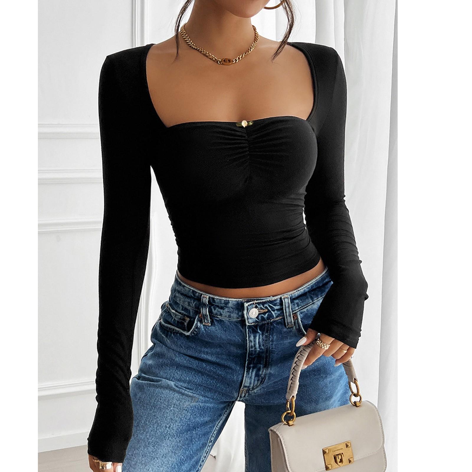 Женский свободный повседневный однотонный трикотажный топ с длинными рукавами и складками M чёрный
Женский свободный повседневный однотонный трикотажный топ с длинными рукавами и складками M чёрный