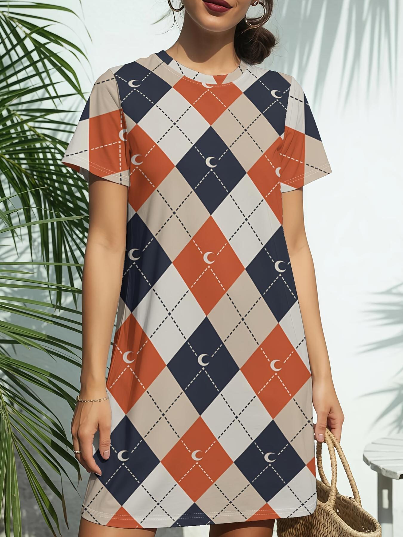 Women s Short Sleeve T-Shirt Dress with Round Neck - Amber Diamond Print Blouse Style Suitable for Daily Wear. Gifts. Spring Summer Casual Outfits. Re XS дубильная кора
Women s Short Sleeve T-Shirt Dress with Round Neck - Amber Diamond Print Blouse Style Suitable for Daily Wear. Gifts. Spring Summer Casual Outfits. Re XS дубильная кора