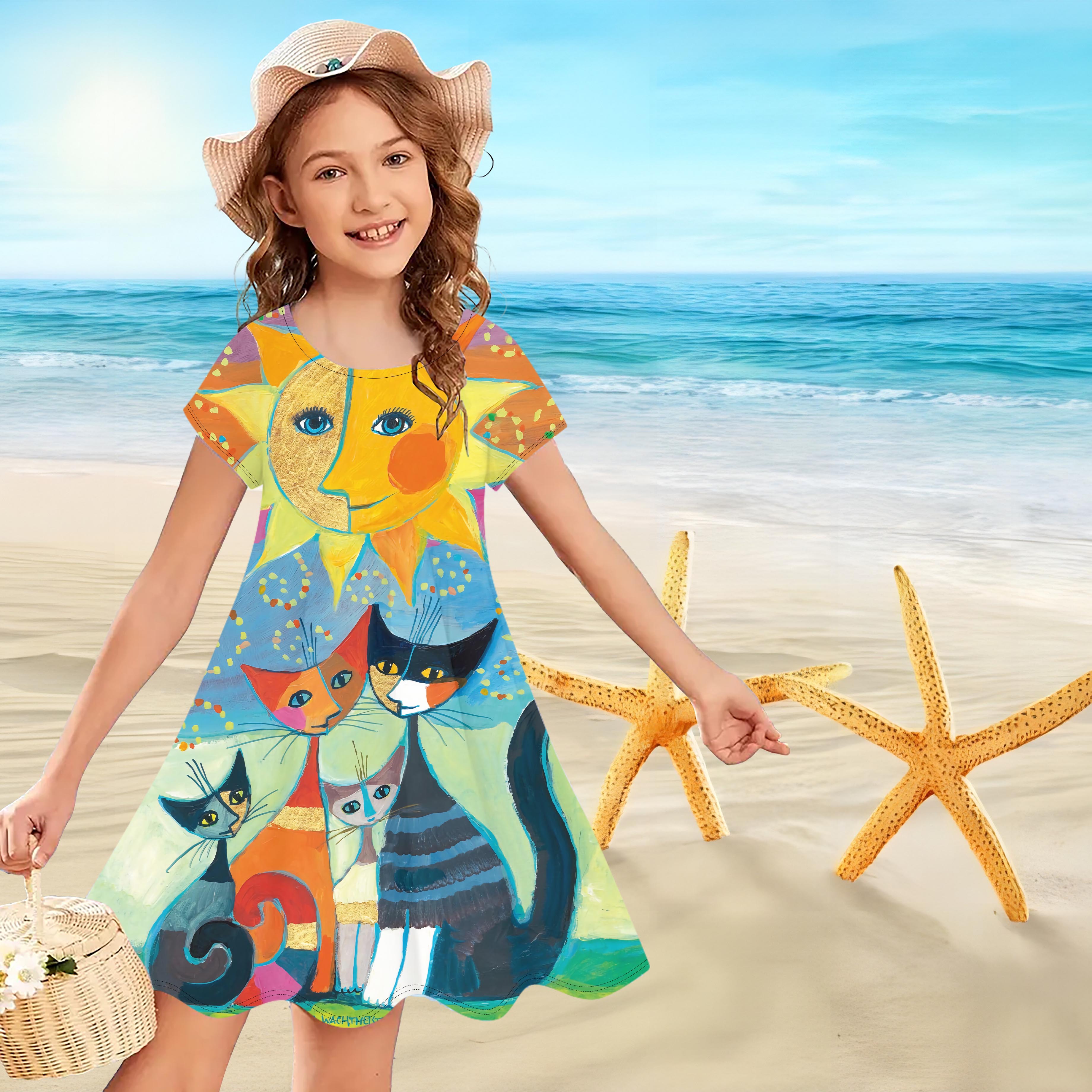 Платье с 3D-желтым солнечным кошачьим принтом для девочек, детское праздничное платье принцессы без рукавов для девочек, платье-майка с 3D принтом