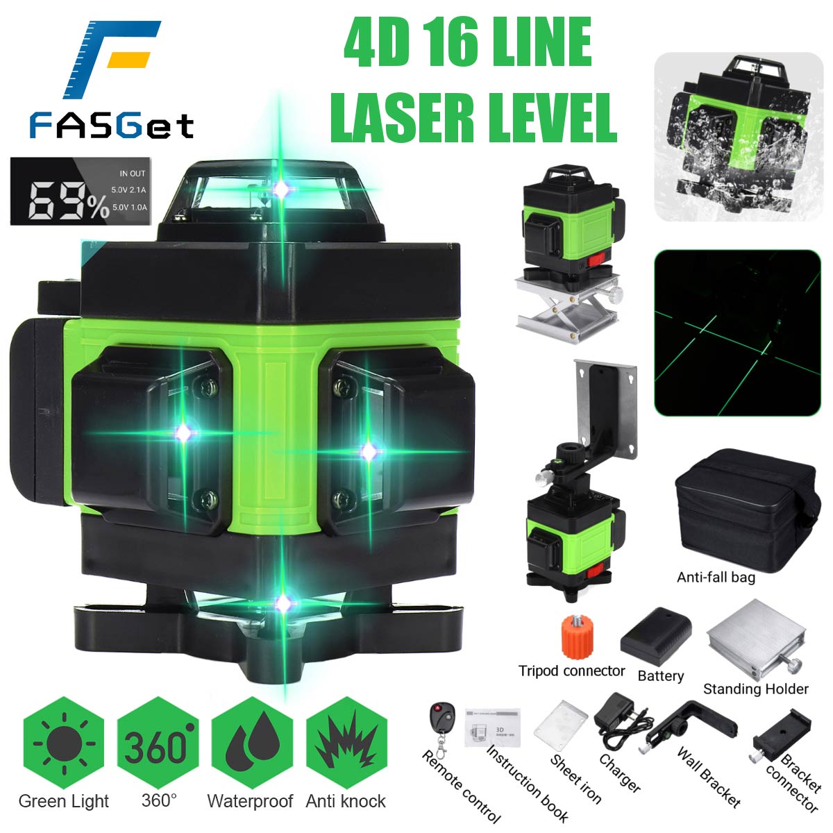 Fasget Big Sale 4D 16 линий Лазерный уровень зеленый линия SelfLeveling 360 Горизонтальный и вертикальный сверхмощный лазерный уровень зеленый луч
Fasget Big Sale 4D 16 линий Лазерный уровень зеленый линия SelfLeveling 360 Горизонтальный и вертикальный сверхмощный лазерный уровень зеленый луч