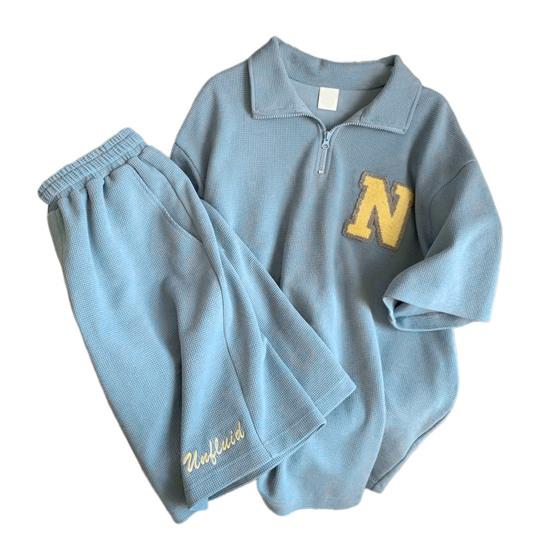 2Pcs/Set Lapel Zipper Neckline Short Sleeve Casual Outfit Letter Print Waffle Texture Drawstring Women Solid Color T-shirt Wide Leg Shorts M синій
2Pcs/Set Lapel Zipper Neckline Short Sleeve Casual Outfit Letter Print Waffle Texture Drawstring Women Solid Color T-shirt Wide Leg Shorts M синій