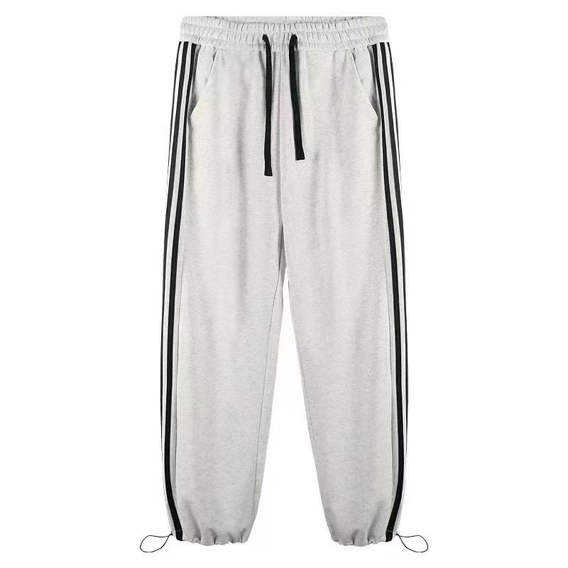 Женские бело-серые спортивные брюки прямого кроя с манжетами и тремя полосками - модный студенческий стиль 2XL (140-155 lbs)