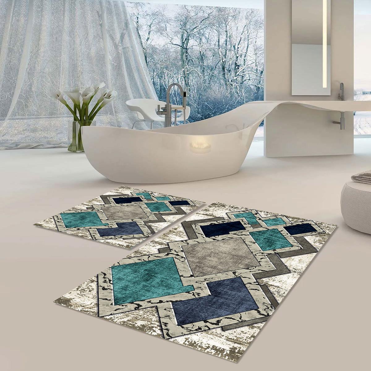 Коврик для машинной стирки, нескользящая основа, моющийся, устойчивый к пыли, пятнам, набор из 2 ковриков для ванной, набор B1080 60 x 100 & 40 x 60 белый