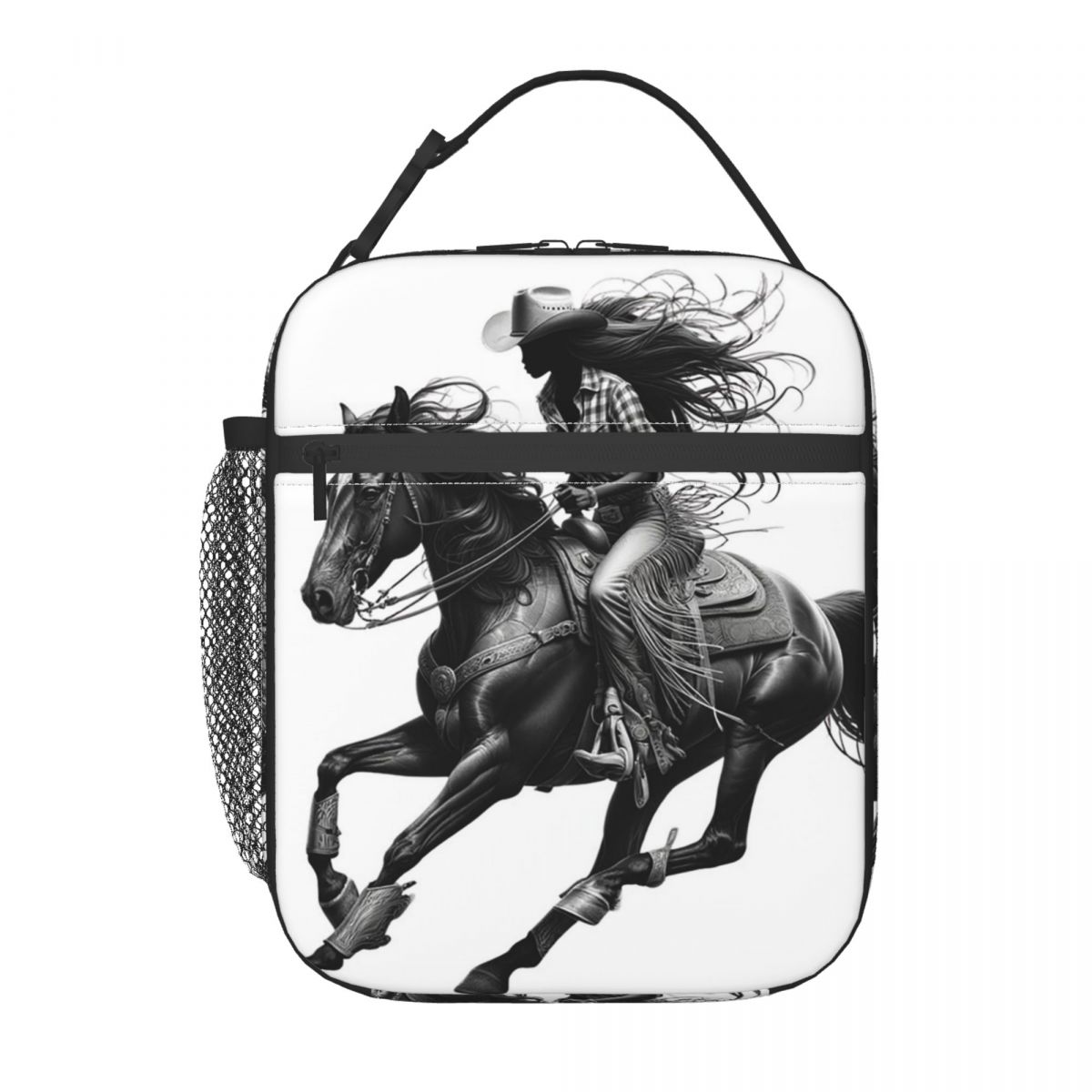 Black And White Western Cowgirl Riding A Horse Insulated Lunch Bag for Women Kids Portable Food Boxes Thermal Lunch Box Tote One Size
Black And White Western Cowgirl Riding A Horse Insulated Lunch Bag for Women Kids Portable Food Boxes Thermal Lunch Box Tote One Size