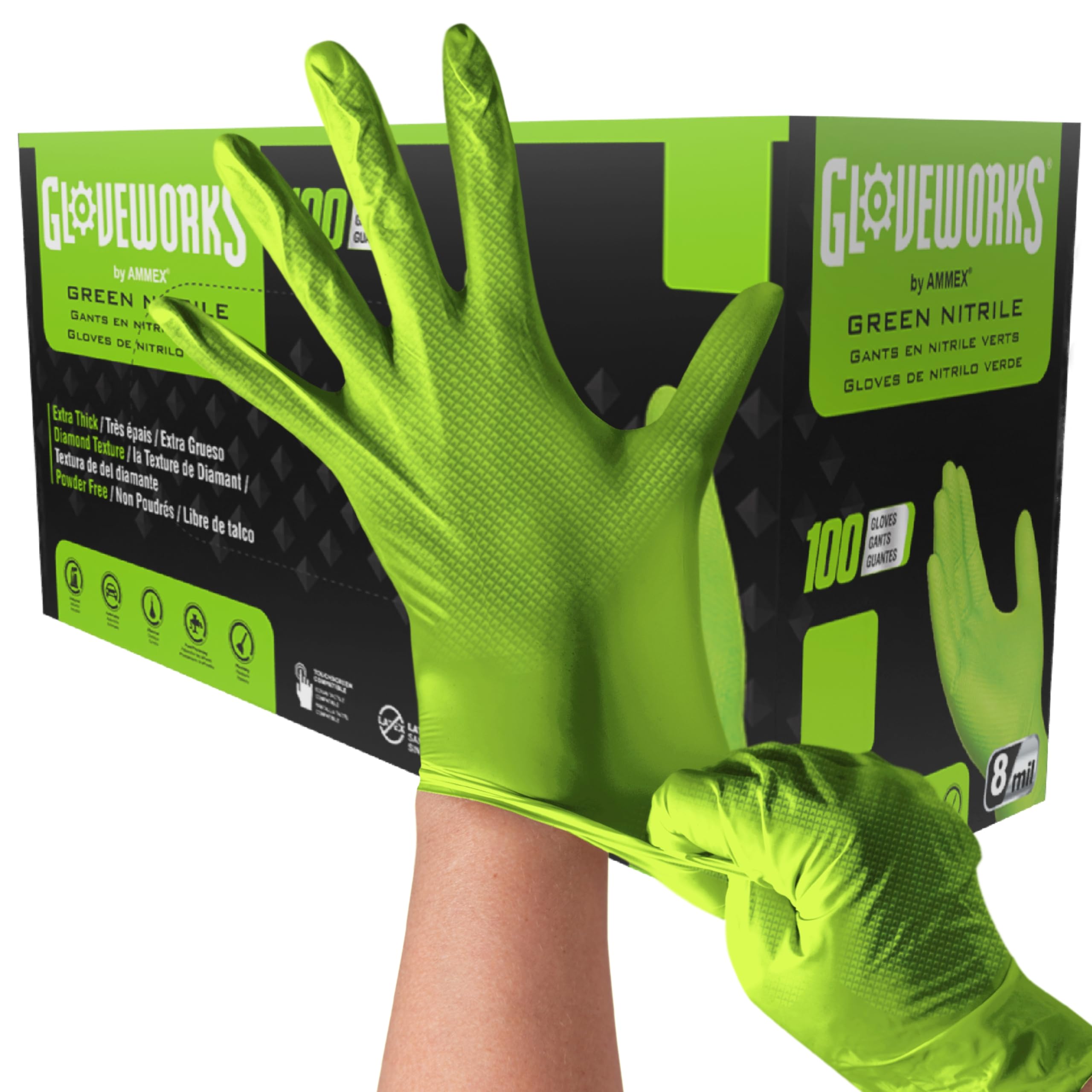 Gloveworks HD Nitrile Gloves Diamond Texture Case of 1000 with Grips Надміцні товсті латексні одноразові рукавички без пудри для Industrial Green зелений
Gloveworks HD Nitrile Gloves Diamond Texture Case of 1000 with Grips Надміцні товсті латексні одноразові рукавички без пудри для Industrial Green зелений