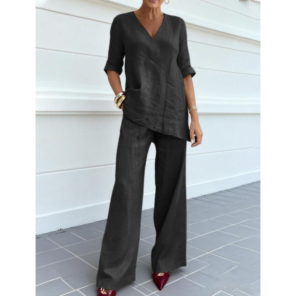 Fashion Cotton Linen Mid-sleeve V-neck Top Straight Trousers Women s 2piece Set Casual Loose Elegant Female Office Trousers Suit S чёрный
Fashion Cotton Linen Mid-sleeve V-neck Top Straight Trousers Women s 2piece Set Casual Loose Elegant Female Office Trousers Suit S чёрный