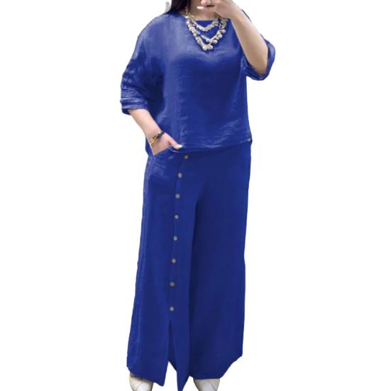 Женский свободный комплект из двух предметов из хлопка и льна, топ с короткими рукавами и широкие брюки с разрезом, летний повседневный комплект для отдыха XXXL королевский синий
Женский свободный комплект из двух предметов из хлопка и льна, топ с короткими рукавами и широкие брюки с разрезом, летний повседневный комплект для отдыха XXXL королевский синий