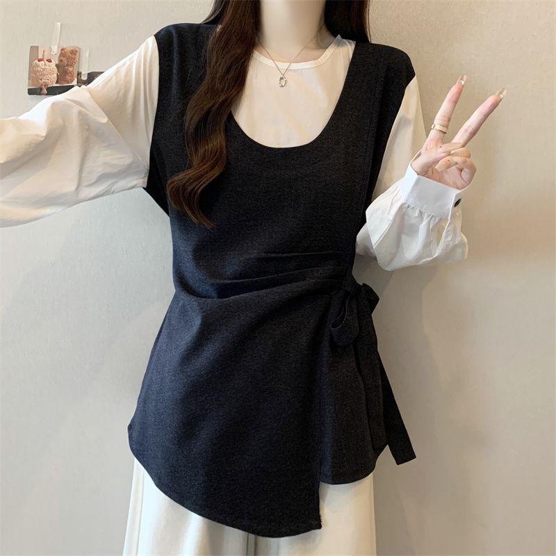 Two-Piece Look Patchwork Long-Sleeve Shirt for Women, Plus Size, Slimming Tie-Waist, Tummy-Concealing, Spring/Autumn New Arrival. M (80-100 lbs) темно-синий
Two-Piece Look Patchwork Long-Sleeve Shirt for Women, Plus Size, Slimming Tie-Waist, Tummy-Concealing, Spring/Autumn New Arrival. M (80-100 lbs) темно-синий