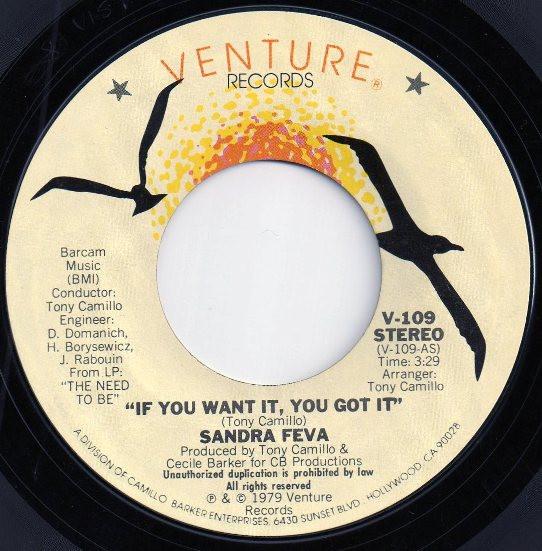 7inch Record SANDRA FEVA - If You Want It, You Got It V109 Venture Records 1979 US Soul/Funk Used
7inch Record SANDRA FEVA - If You Want It, You Got It V109 Venture Records 1979 US Soul/Funk Used