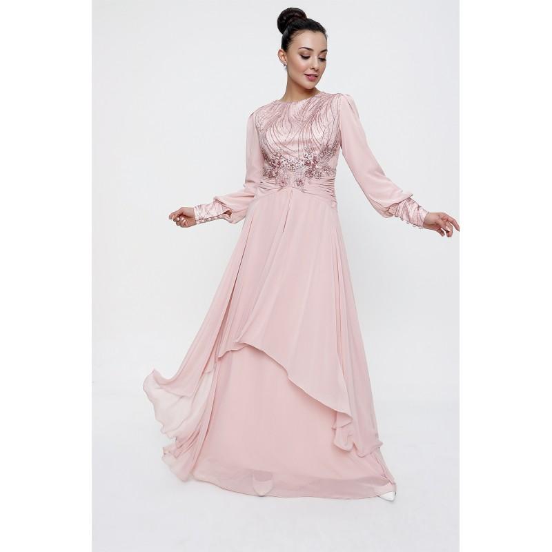 Шифоновое длинное платье с вышитым верхом и объемным цветочным принтом на подкладке