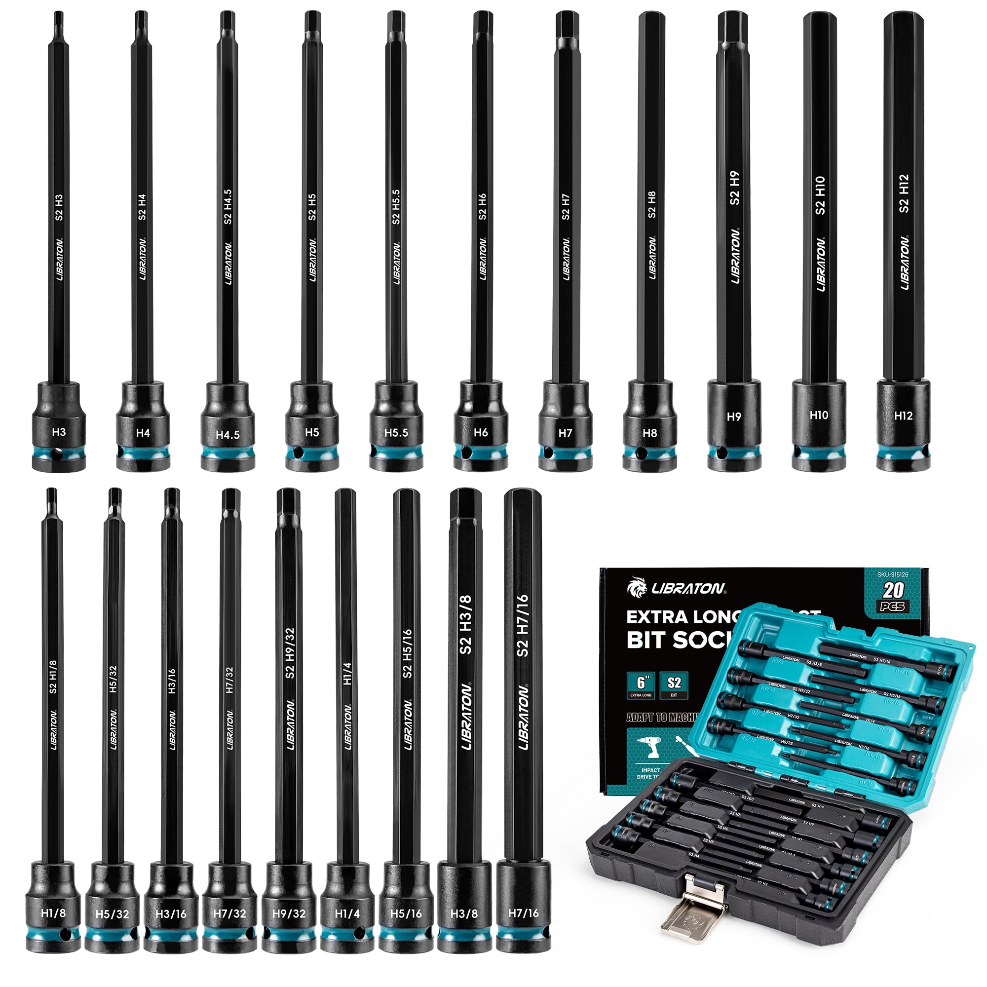 LIBRATON Hexagon Socket Set, 3/8 inch (9.5 mm) Drive, S2 Steel, Impact Driver Hex Bit Sockets, SAE Metric Standard, 20-Piece Set with Storage Case
LIBRATON Hexagon Socket Set, 3/8 inch (9.5 mm) Drive, S2 Steel, Impact Driver Hex Bit Sockets, SAE Metric Standard, 20-Piece Set with Storage Case