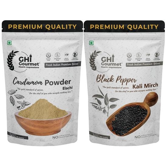 GOURMET HEALTH IMPRESSIONS Superior Grade Finely Grounded Cardamom Powder 75G and Tellicherry Whole Black Pepper 100G | Pack of 2 Spices | 175G
GOURMET HEALTH IMPRESSIONS Superior Grade Finely Grounded Cardamom Powder 75G and Tellicherry Whole Black Pepper 100G | Pack of 2 Spices | 175G
