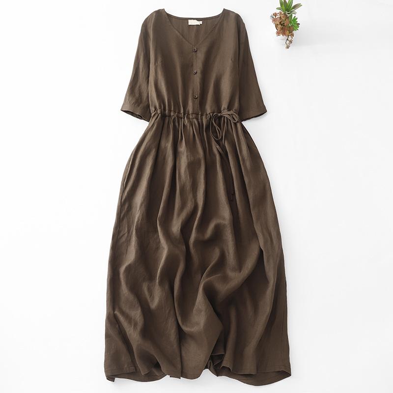 Винтажное однотонное длинное платье для женщин с v-образным вырезом и короткими рукавами, эластичное платье с завязками на талии, летнее повседневное модное платье на пуговицах с рюшами, дышащее рабочее платье 2XL