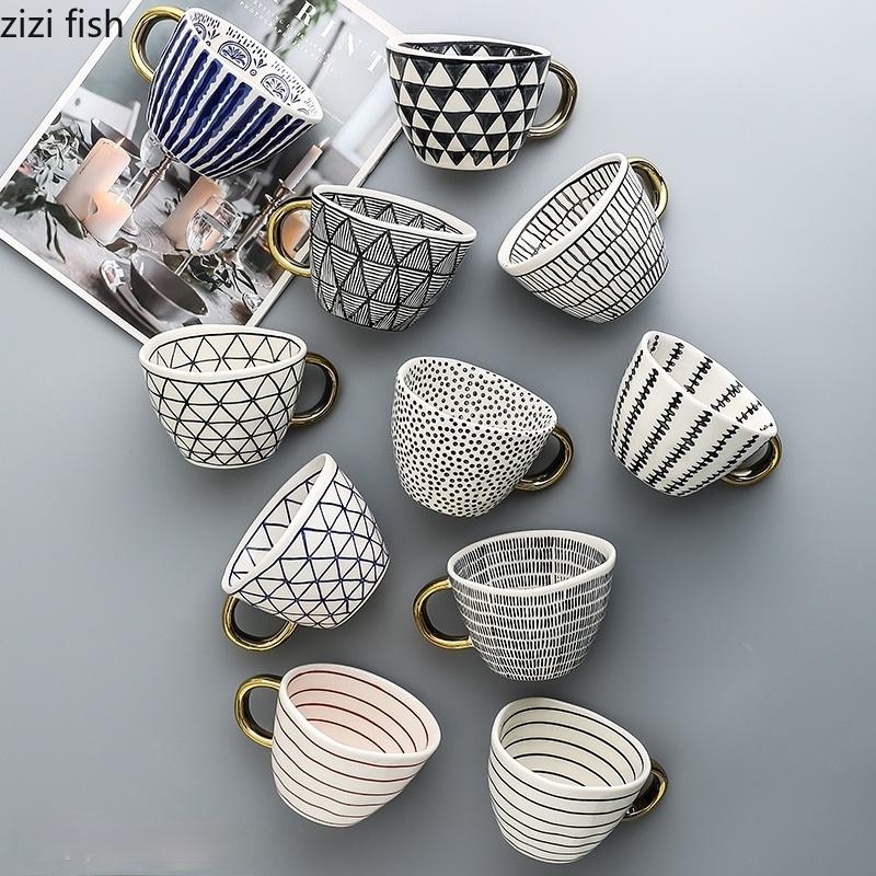 American Irregular Geometric Ceramic Coffee Cup with Gold Plated Handle Black and White Pattern Milk Tea Cup Home Accessories 350ml
American Irregular Geometric Ceramic Coffee Cup with Gold Plated Handle Black and White Pattern Milk Tea Cup Home Accessories 350ml