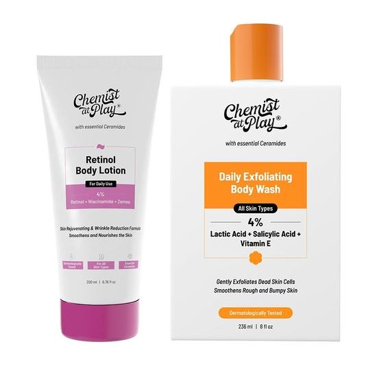 Chemist at Play Anti-Aging Body Lotion with 4% Retinol, Niacinamide & Zemea 200ml + Exfoliating Body Wash with Ceramides, 236ml
Chemist at Play Anti-Aging Body Lotion with 4% Retinol, Niacinamide & Zemea 200ml + Exfoliating Body Wash with Ceramides, 236ml