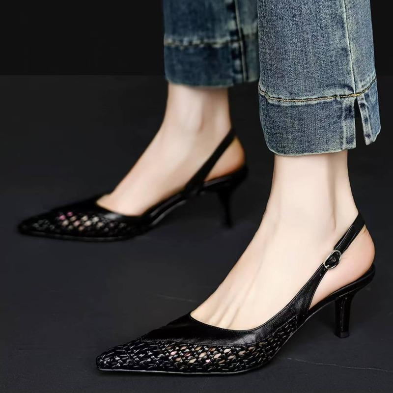 Босоножки-стилетто римские Летние Новые Острый носок Плетеные Обернутый носок Металлическая Одна пряжка Сзади Открытые Нескользящие Стилетто 42 чёрный