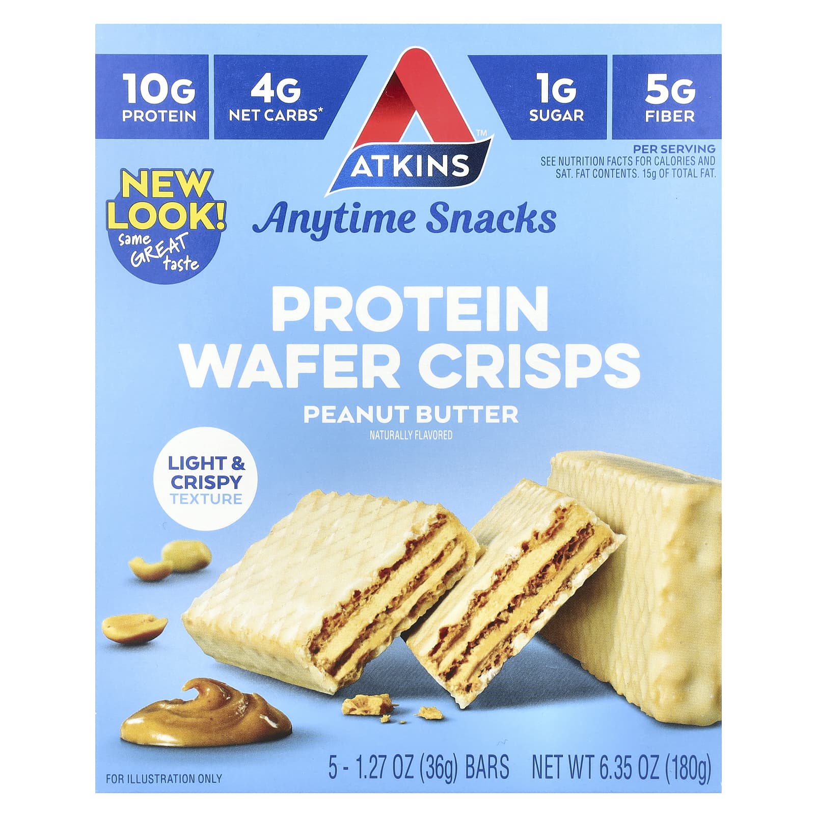 Atkins, Anytime Snacks, Protein Wafer Crisps, Peanut Butter Flavor, 5 bars, 1.27 oz (36 g) each
Atkins, Anytime Snacks, Protein Wafer Crisps, Peanut Butter Flavor, 5 bars, 1.27 oz (36 g) each