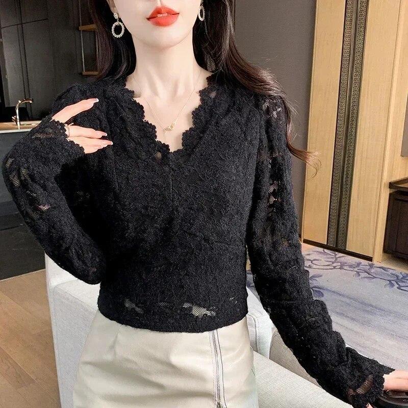 Кружевная блузка с v-образным вырезом, осенняя повседневная модная расклешенная кружевная рубашка с длинными рукавами, волнистые плиссированные офисные топы с цветочным крючком, полые блузки 29902 XL чёрный