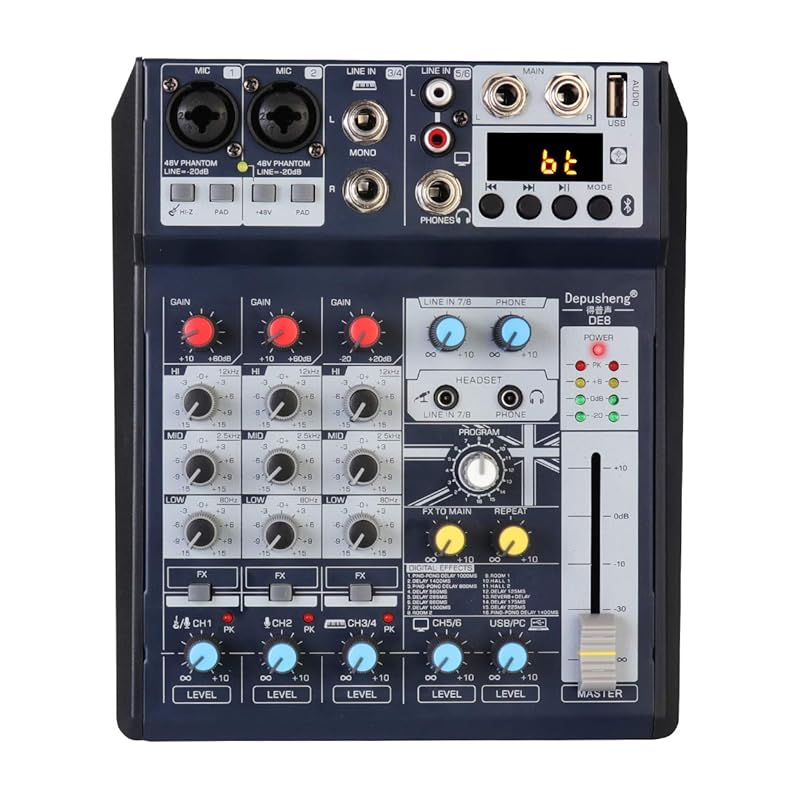 Depusheng DE8 Audio Mixer 8 Channel Professional DJ Sound Controller, Interface with USB Sound Card for PC Recording, XLR Microphone Jack, 5V USB
Depusheng DE8 Audio Mixer 8 Channel Professional DJ Sound Controller, Interface with USB Sound Card for PC Recording, XLR Microphone Jack, 5V USB