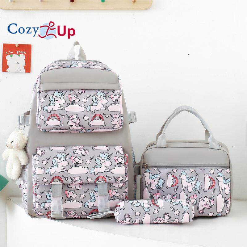 Милый рюкзак для девочек с принтом, изоляционная сумка для обеда, набор из 5 предметов, студенческая школьная сумка большой вместимости с героями мультфильмов 42x31x12cm серый