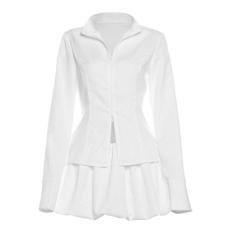 European and American New Autumn Women s Fashion Stand-Up Collar Zipper Slim-Fit Long-Sleeve Top and Solid Color High-Waisted Bubble Short Skirt Set White (Set) S
European and American New Autumn Women s Fashion Stand-Up Collar Zipper Slim-Fit Long-Sleeve Top and Solid Color High-Waisted Bubble Short Skirt Set White (Set) S