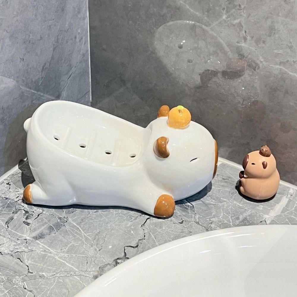Украшение Самоосушающаяся мыльница Capybara Мыльница Cartoon Keep Soap Bars Держатель для сухого мыла Керамика Animal Ванная комната Стеллаж для хранения Ванная комната белый