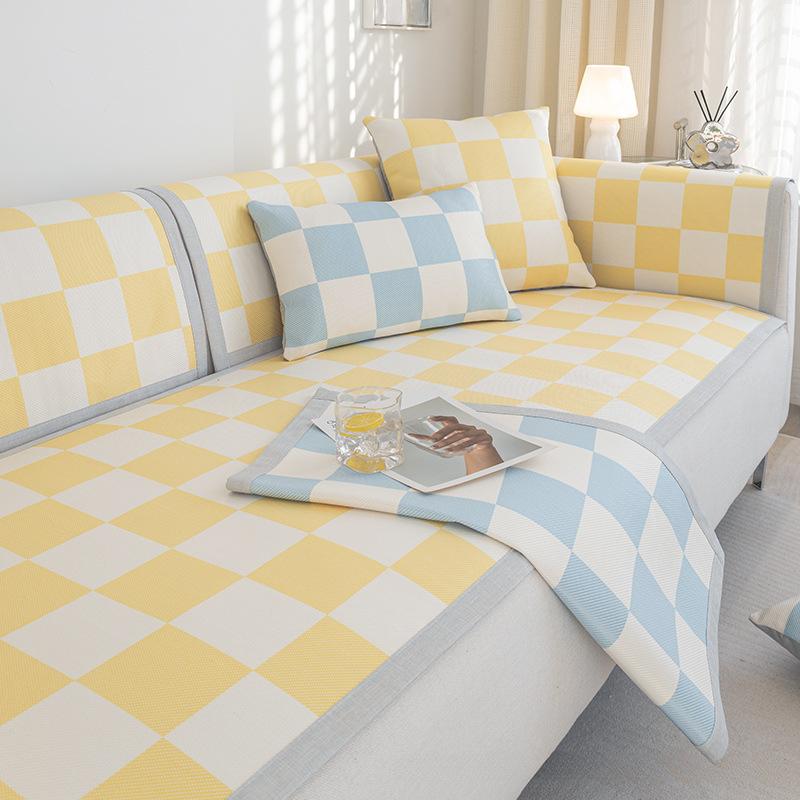Подушка для дивана Лето Лето Лето Коврик Ледяной шелк Подушка для сиденья Нескользящая Простая современная свежая летняя шахматная пластина Сетка Чехол для дивана Чехол 60*60