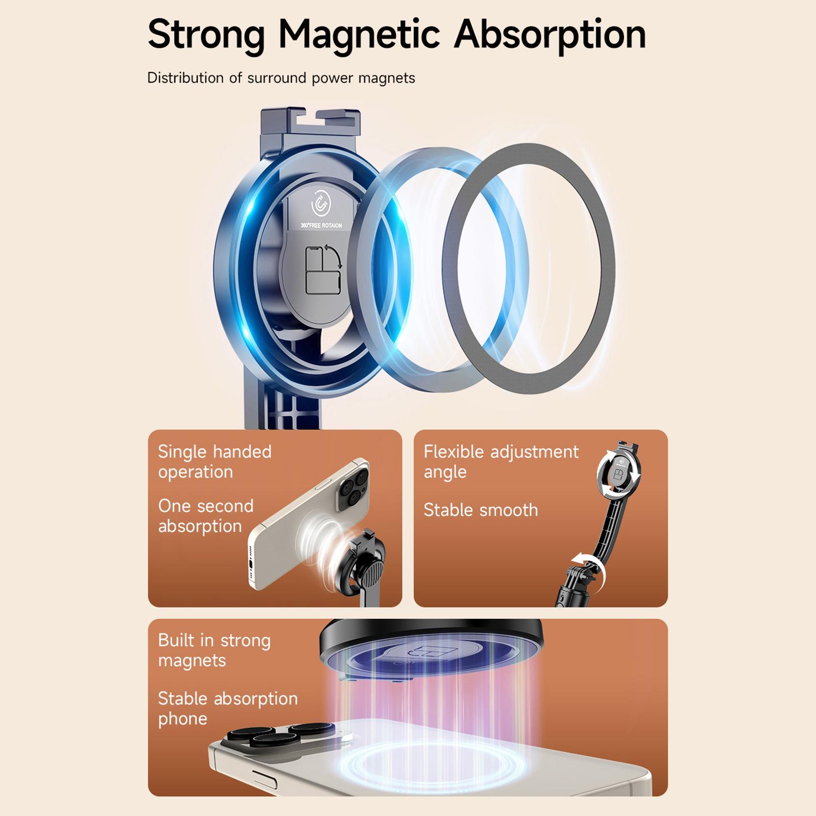 41,1-дюймовый магнитный монопод для селфи, настольный штатив с телескопической штангой, вращающийся на 240 градусов магнитный держатель для телефона, холодный чёрный