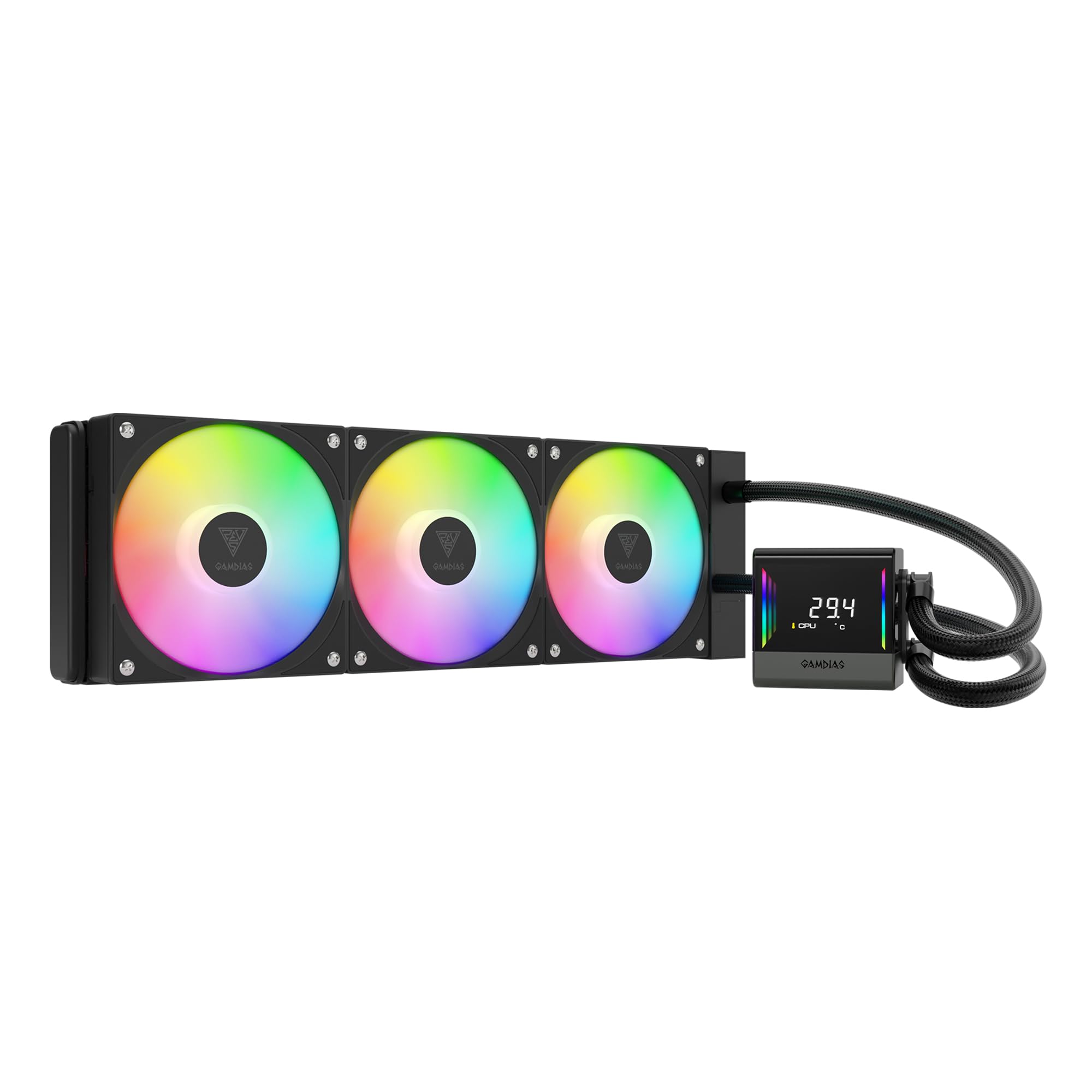 GAMDIAS CHIONE E4 360mm AIO CPU Water Digital Display Patented PWM Hidden Cable ARGB PWM MB Intel LGA AMD Cooler, Real-time Pump, Design, Fan, Sync,
GAMDIAS CHIONE E4 360mm AIO CPU Water Digital Display Patented PWM Hidden Cable ARGB PWM MB Intel LGA AMD Cooler, Real-time Pump, Design, Fan, Sync,