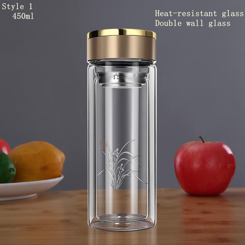 BORREY 450 мл стеклянная бутылка для воды с двойными стенками, боросиликатное стекло, чайная бутылка с заварочным фильтром, ручкой, двухслойная офисная чашка для чая Style 1 (450Ml)