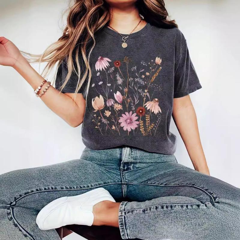 Women s Casual and Fashionable T-shirt with Plant and Floral Pattern Printed Round Neck and Short Sleeves S
Women s Casual and Fashionable T-shirt with Plant and Floral Pattern Printed Round Neck and Short Sleeves S