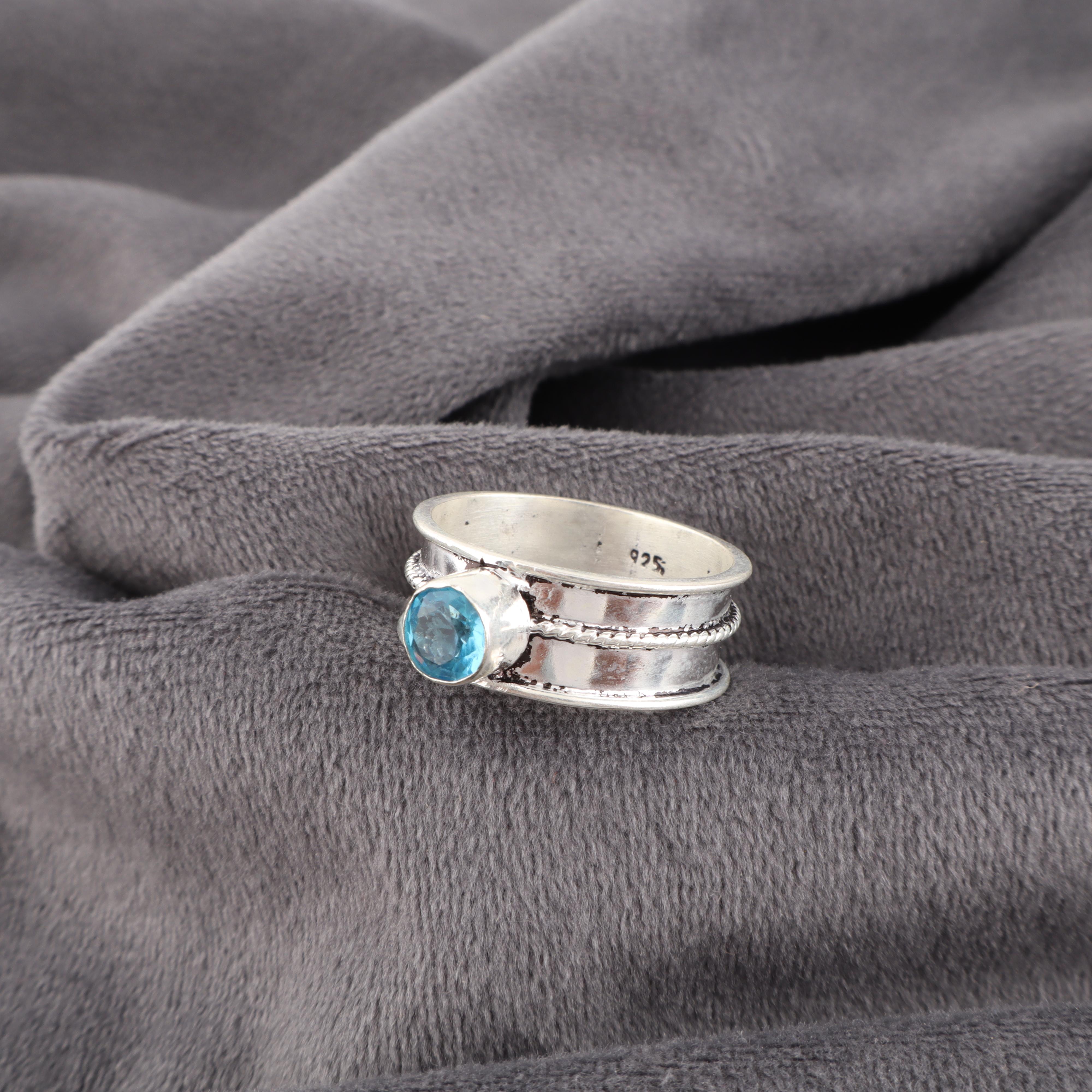 Кольцо с драгоценным камнем Швейцарский голубой топаз, Изысканное украшение ручной работы, Кольцо из стерлингового серебра 925 пробы, Духовное серебряное кольцо, Подарок для нее 12 синий
