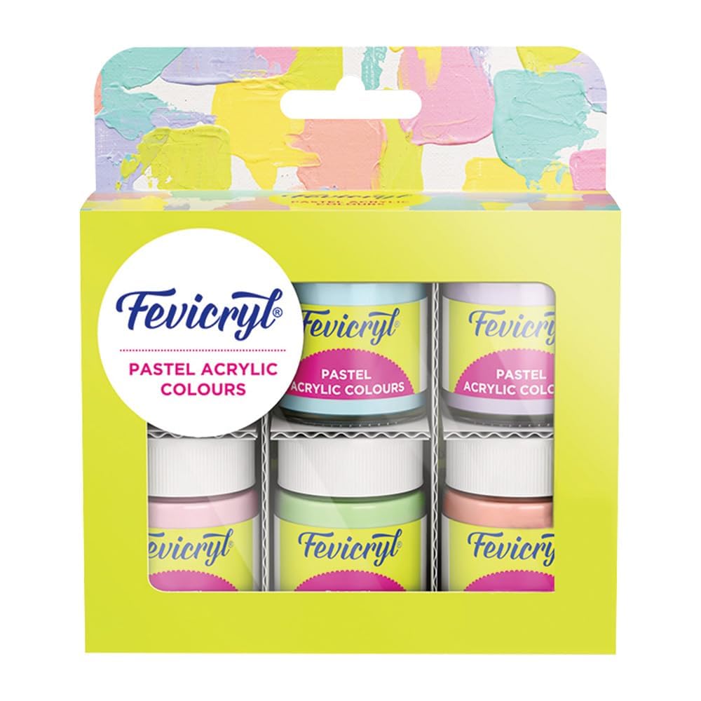 Fevicryl Multi Surface Pastel Acrylic Colours Kit 6 Shades x 15ml for Canvas Wood Glass Metal DIY Art & Craft Set
Fevicryl Multi Surface Pastel Acrylic Colours Kit 6 Shades x 15ml for Canvas Wood Glass Metal DIY Art & Craft Set