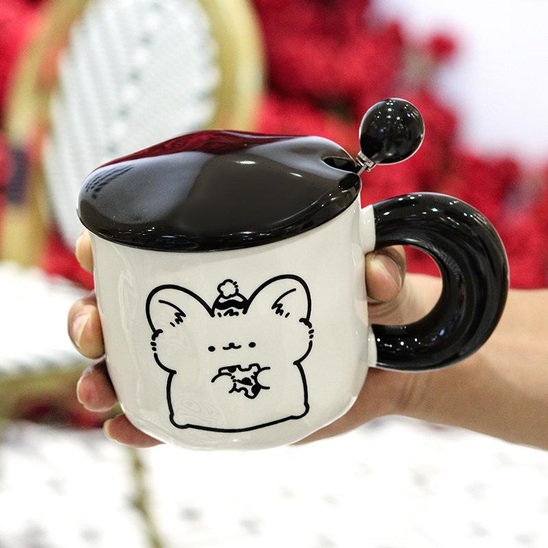 Милая кружка с маленьким животным, с крышкой и ложкой, керамическая чашка для девочек, сувенир, чашка для воды, памятный подарок на день рождения 401-500ml