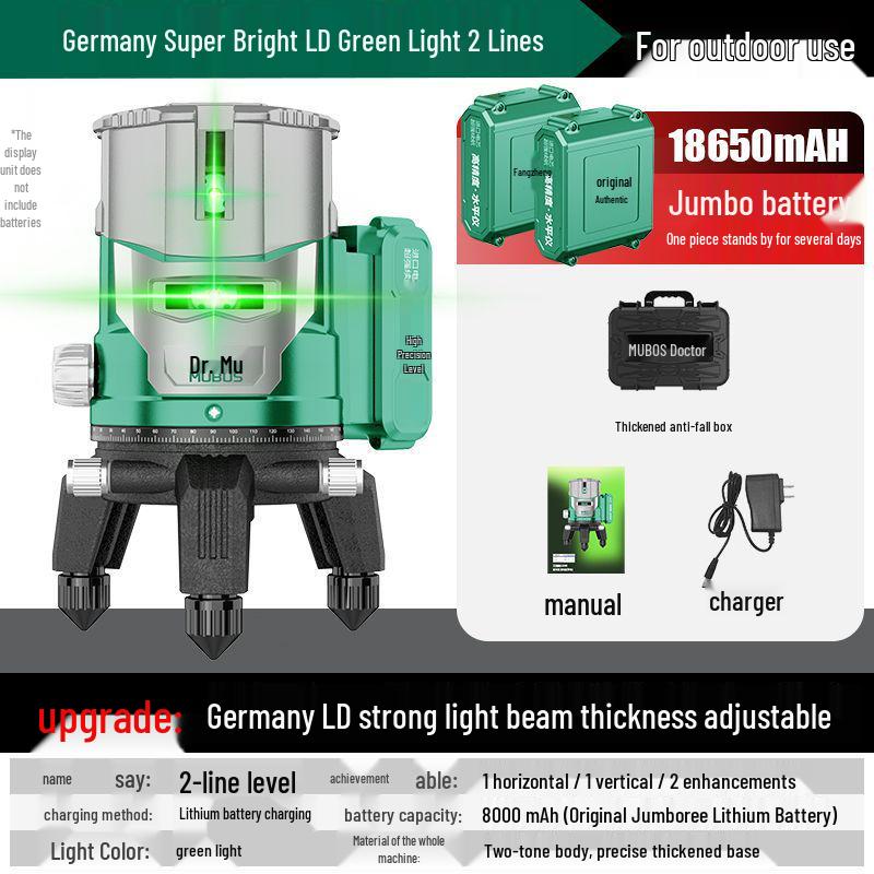 German Import High Precision Infrared Spirit Level: New Outdoor Model with 235 Green Laser Lines and HD Water Level
German Import High Precision Infrared Spirit Level: New Outdoor Model with 235 Green Laser Lines and HD Water Level