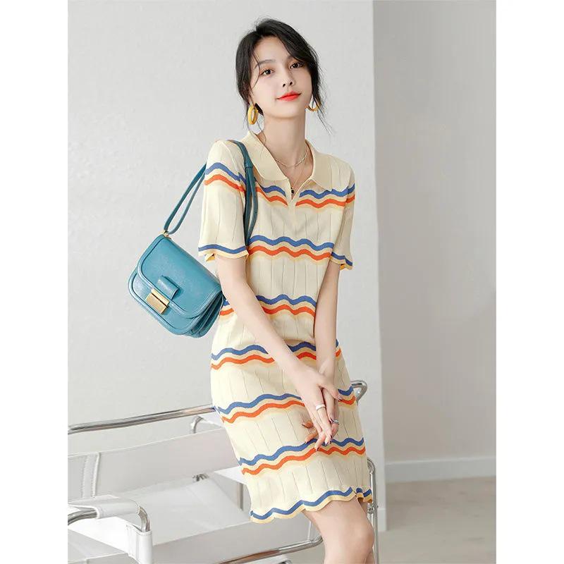 Chic Wave Stripe Apricot Polo Collar Knit Dress - Women s Fashionable Summer Short-Sleeved Ice Silk Skirt. One Size - Premium Version
Chic Wave Stripe Apricot Polo Collar Knit Dress - Women s Fashionable Summer Short-Sleeved Ice Silk Skirt. One Size - Premium Version