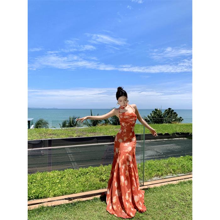 Seaside holiday wind backless neck dress summer new slim and thin printed orange white dress S оранжевый
Seaside holiday wind backless neck dress summer new slim and thin printed orange white dress S оранжевый