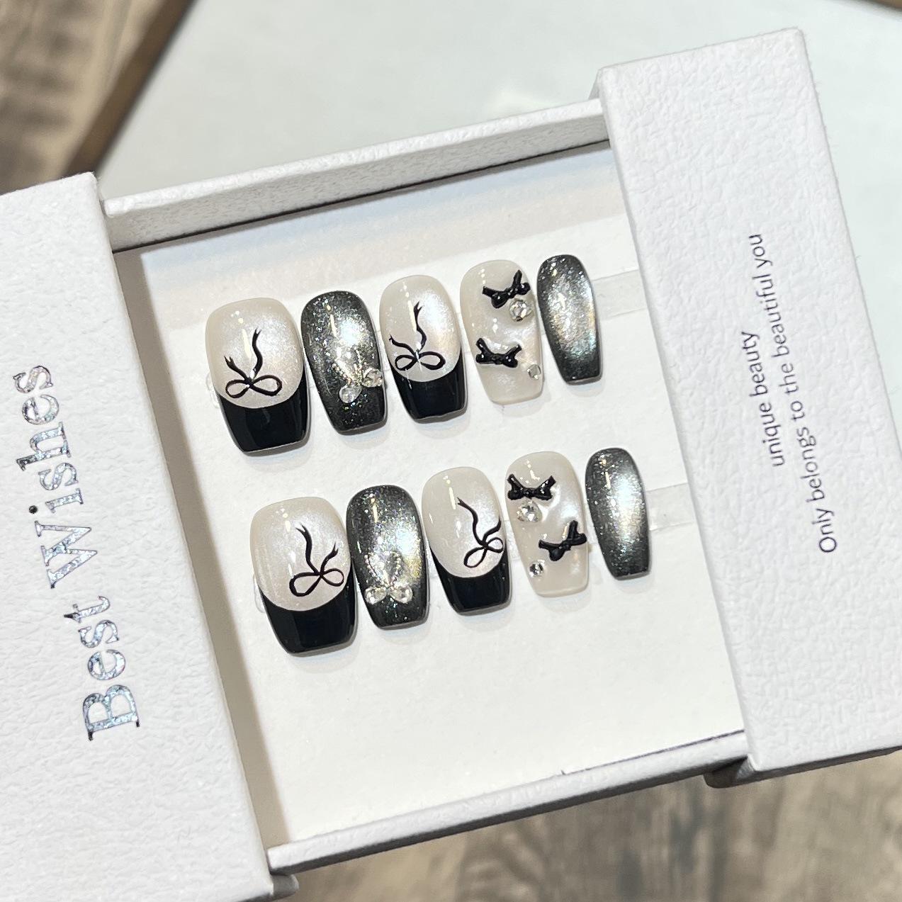 Dairison Velvet Cat Eye Black French Bow Nails with Removable Zircon Diamond Accents Small
Dairison Velvet Cat Eye Black French Bow Nails with Removable Zircon Diamond Accents Small