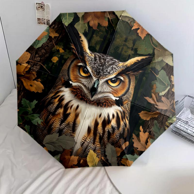 Owl and Leaf pattern, automatic folding umbrella, portable and foldable design, 8 ribs, a Christmas or birthday gift.
Owl and Leaf pattern, automatic folding umbrella, portable and foldable design, 8 ribs, a Christmas or birthday gift.