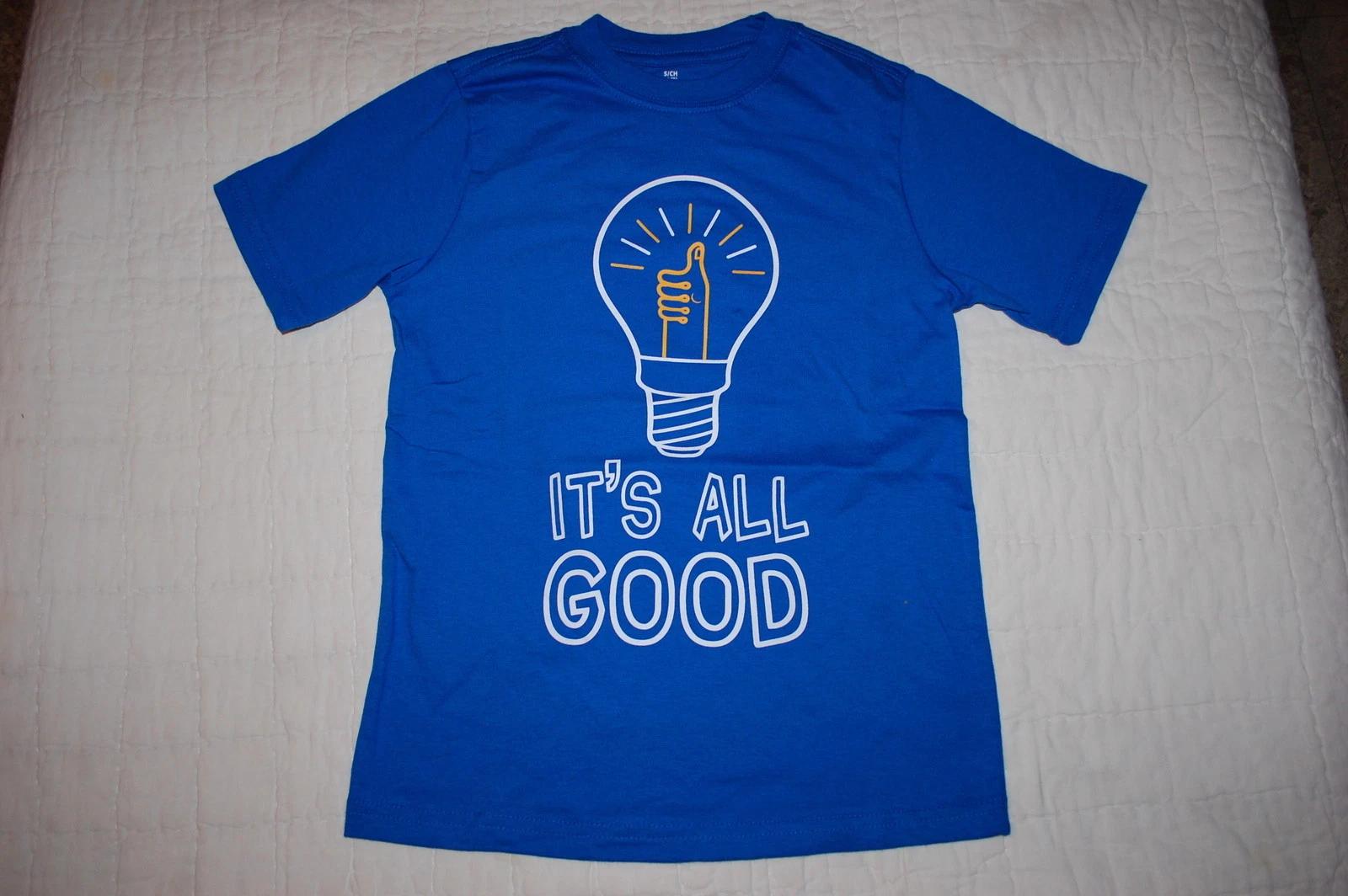 Boys S/S Tee Shirt ROYAL BLUE Thumbs Up IT S ALL GOOD Light Bulb SIZE L 10-12 150
Boys S/S Tee Shirt ROYAL BLUE Thumbs Up IT S ALL GOOD Light Bulb SIZE L 10-12 150