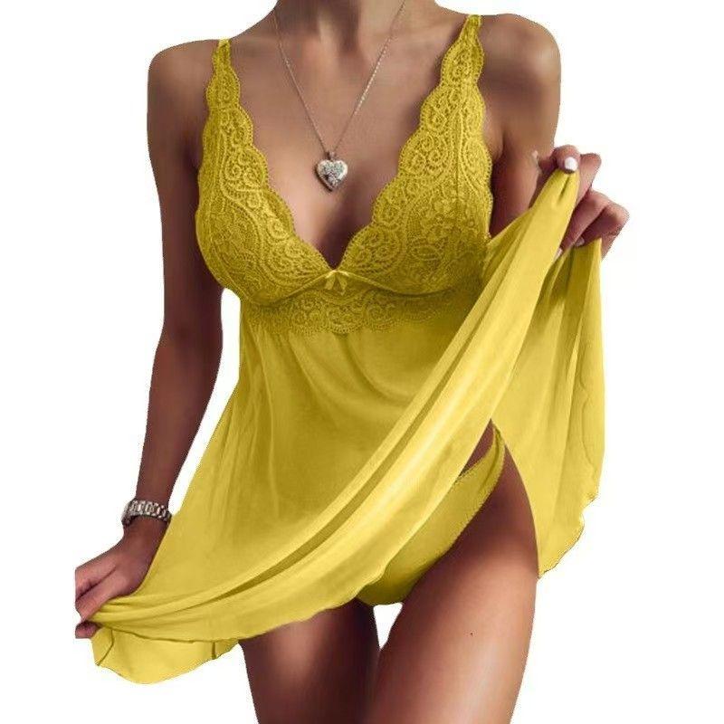 The New Lace Halter Nightgown Sexy Lace Suspenders Pajamas Cut Out Pure Color Nightdress for Women Yellow 165 (L)
The New Lace Halter Nightgown Sexy Lace Suspenders Pajamas Cut Out Pure Color Nightdress for Women Yellow 165 (L)