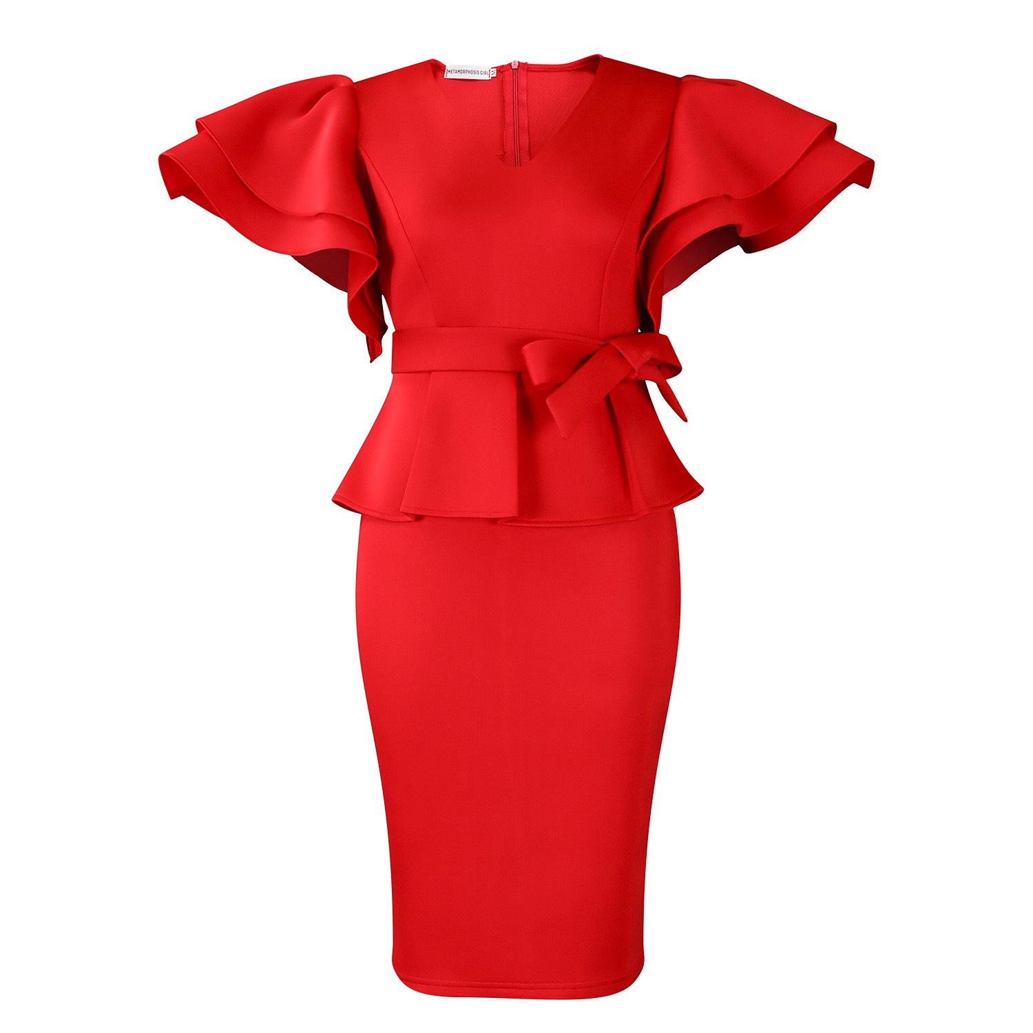 Women Green V Neck Ruffle Sleeve Peplum Dress with Belt Solid Color Elegant Work Midi Dress XXXL червоний
Women Green V Neck Ruffle Sleeve Peplum Dress with Belt Solid Color Elegant Work Midi Dress XXXL червоний